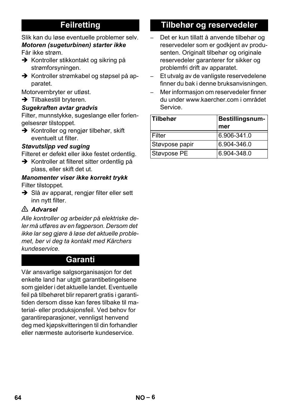 Feilretting, Garanti, Tilbehør og reservedeler | Feilretting garanti tilbehør og reservedeler | Karcher IV 60-30 User Manual | Page 64 / 196