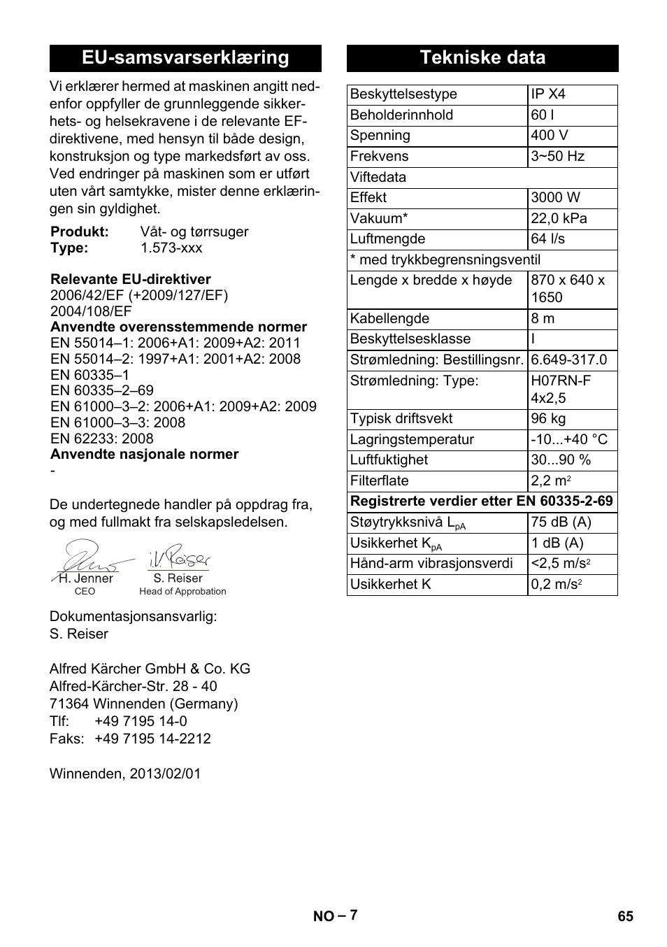 Eu-samsvarserklæring, Tekniske data | Karcher IV 60-30 User Manual | Page 65 / 196