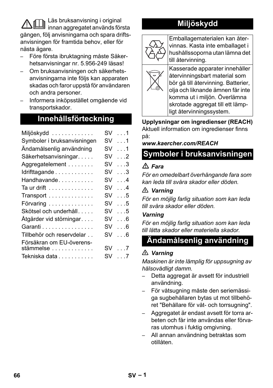 Svenska, Innehållsförteckning, Miljöskydd | Symboler i bruksanvisningen, Ändamålsenlig användning | Karcher IV 60-30 User Manual | Page 66 / 196