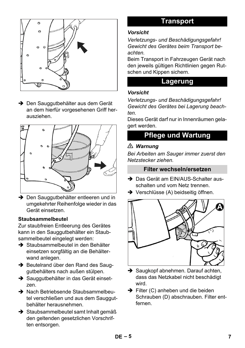 Staubsammelbeutel, Transport, Lagerung | Pflege und wartung, Filter wechseln/ersetzen, Transport lagerung pflege und wartung | Karcher IV 60-30 User Manual | Page 7 / 196