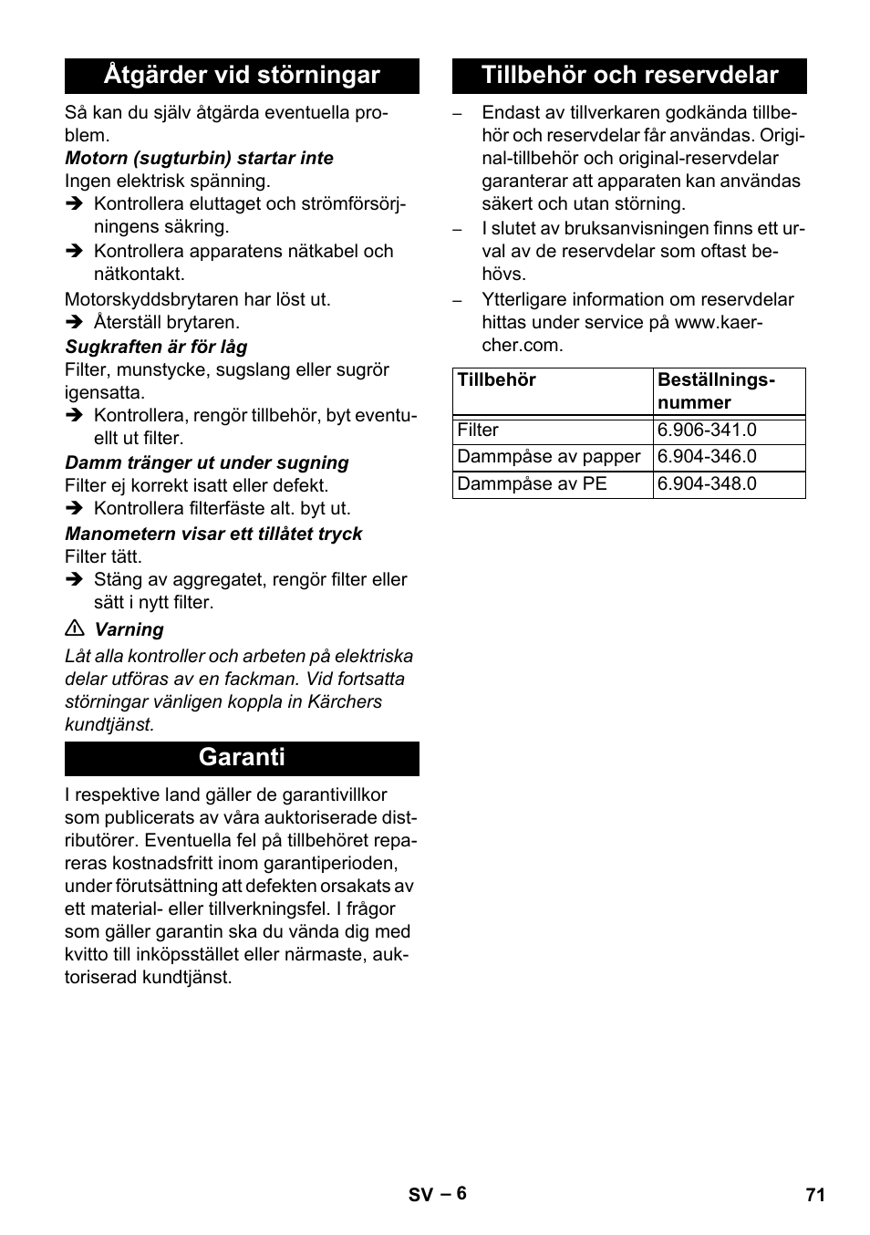 Åtgärder vid störningar, Garanti, Tillbehör och reservdelar | Karcher IV 60-30 User Manual | Page 71 / 196