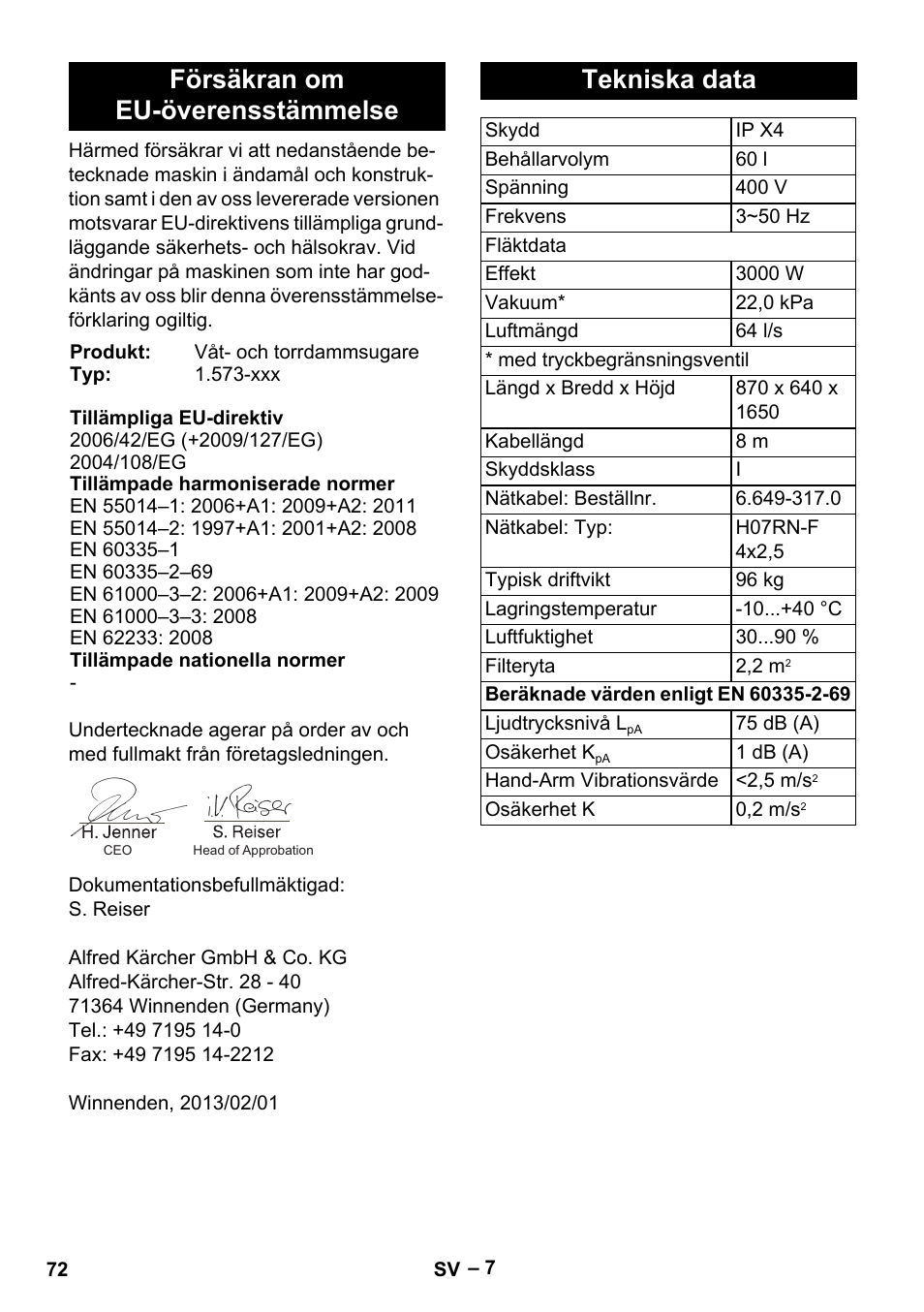 Försäkran om eu-överensstämmelse, Tekniska data | Karcher IV 60-30 User Manual | Page 72 / 196
