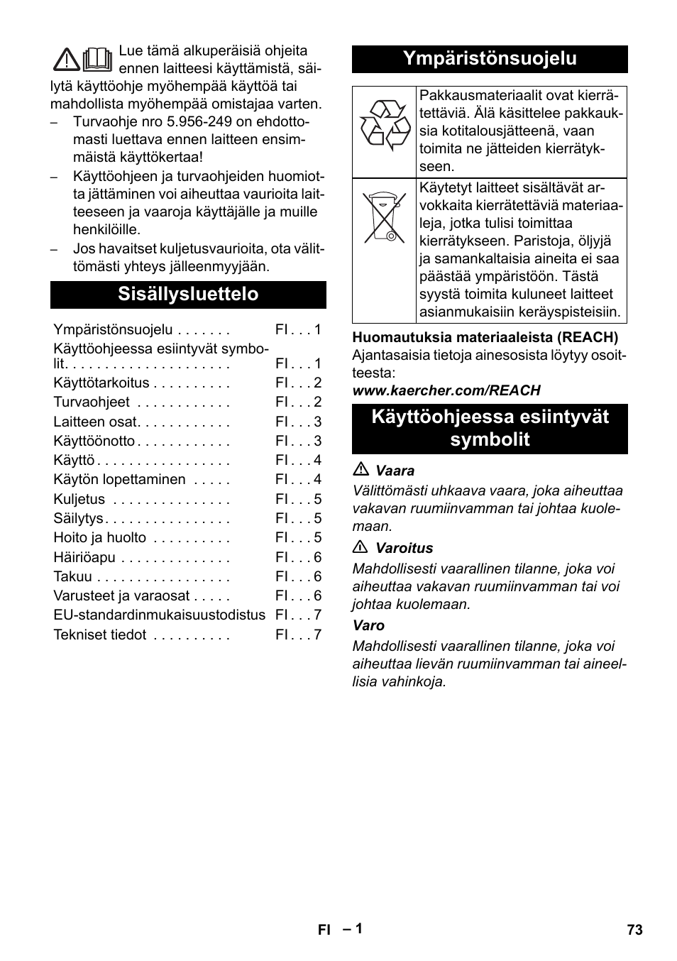 Suomi, Sisällysluettelo, Ympäristönsuojelu | Käyttöohjeessa esiintyvät symbolit | Karcher IV 60-30 User Manual | Page 73 / 196