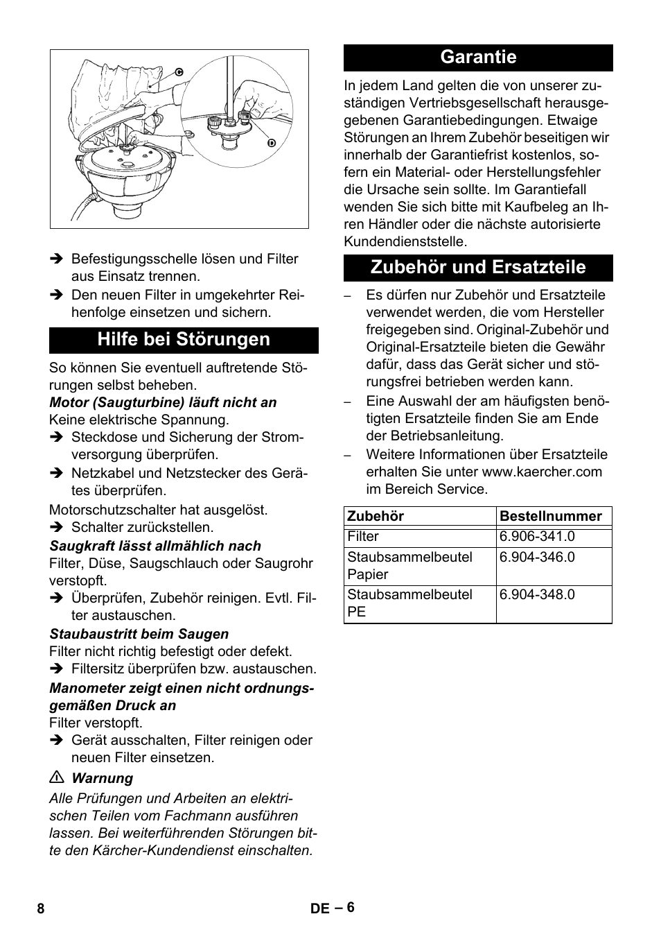 Hilfe bei störungen, Garantie, Zubehör und ersatzteile | Karcher IV 60-30 User Manual | Page 8 / 196