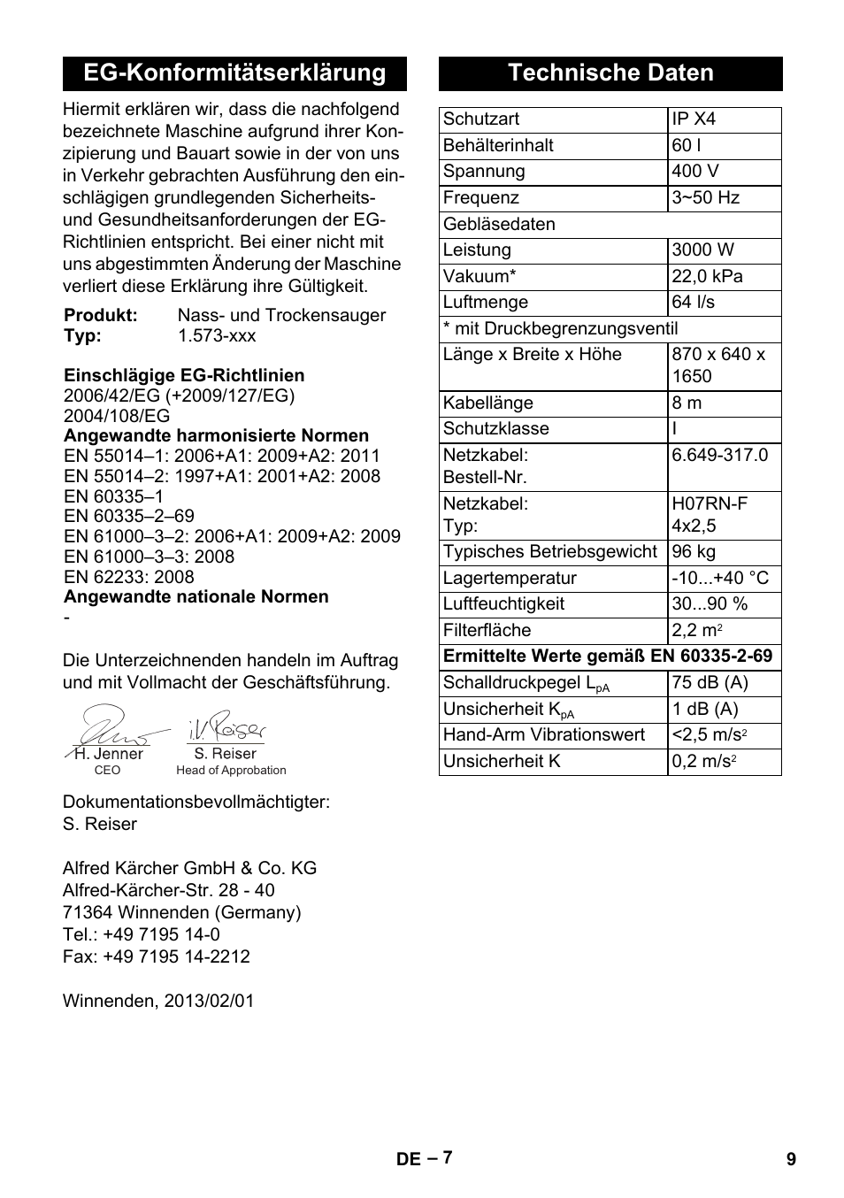 Eg-konformitätserklärung, Technische daten | Karcher IV 60-30 User Manual | Page 9 / 196