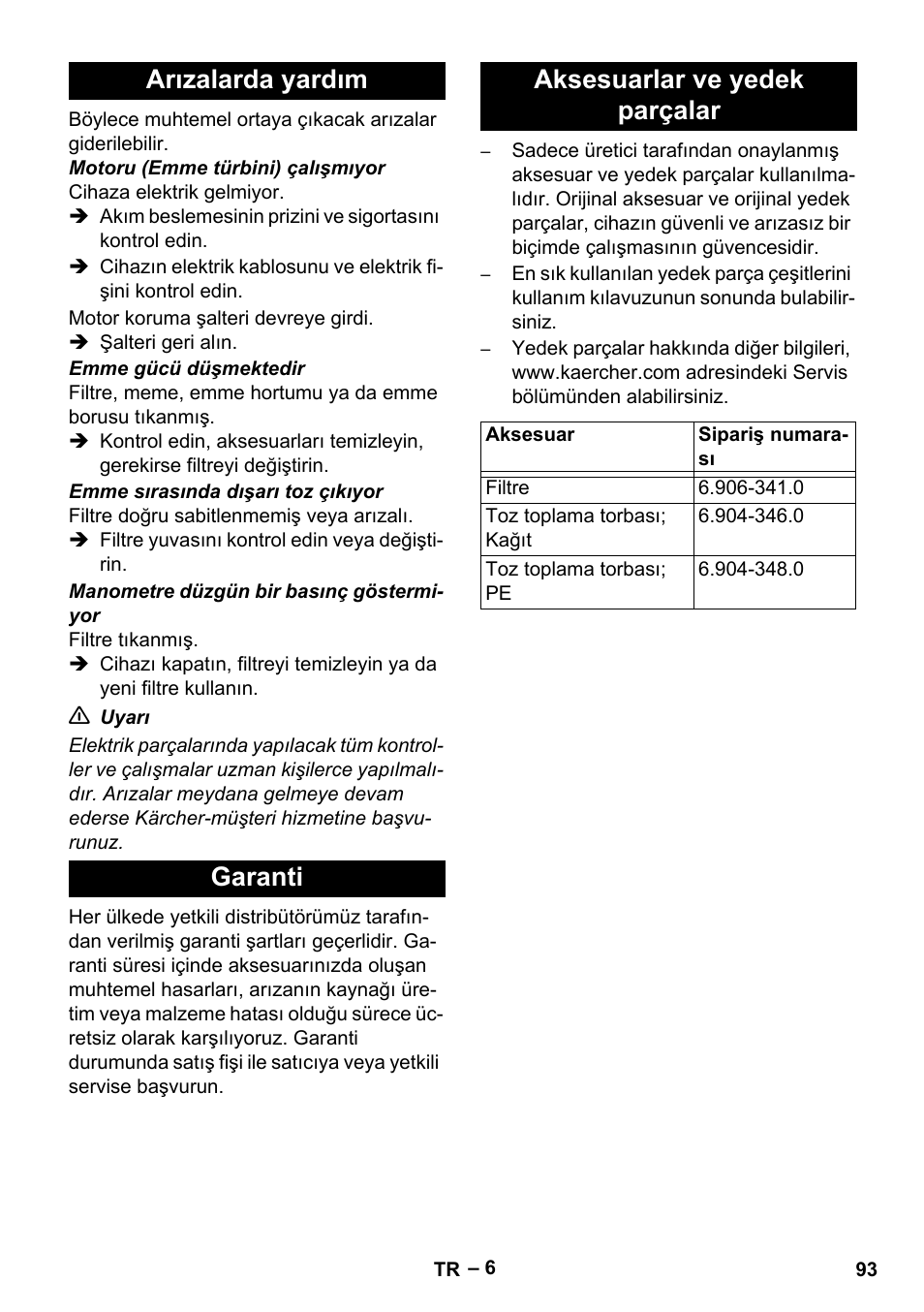 Arızalarda yardım, Garanti, Aksesuarlar ve yedek parçalar | Karcher IV 60-30 User Manual | Page 93 / 196
