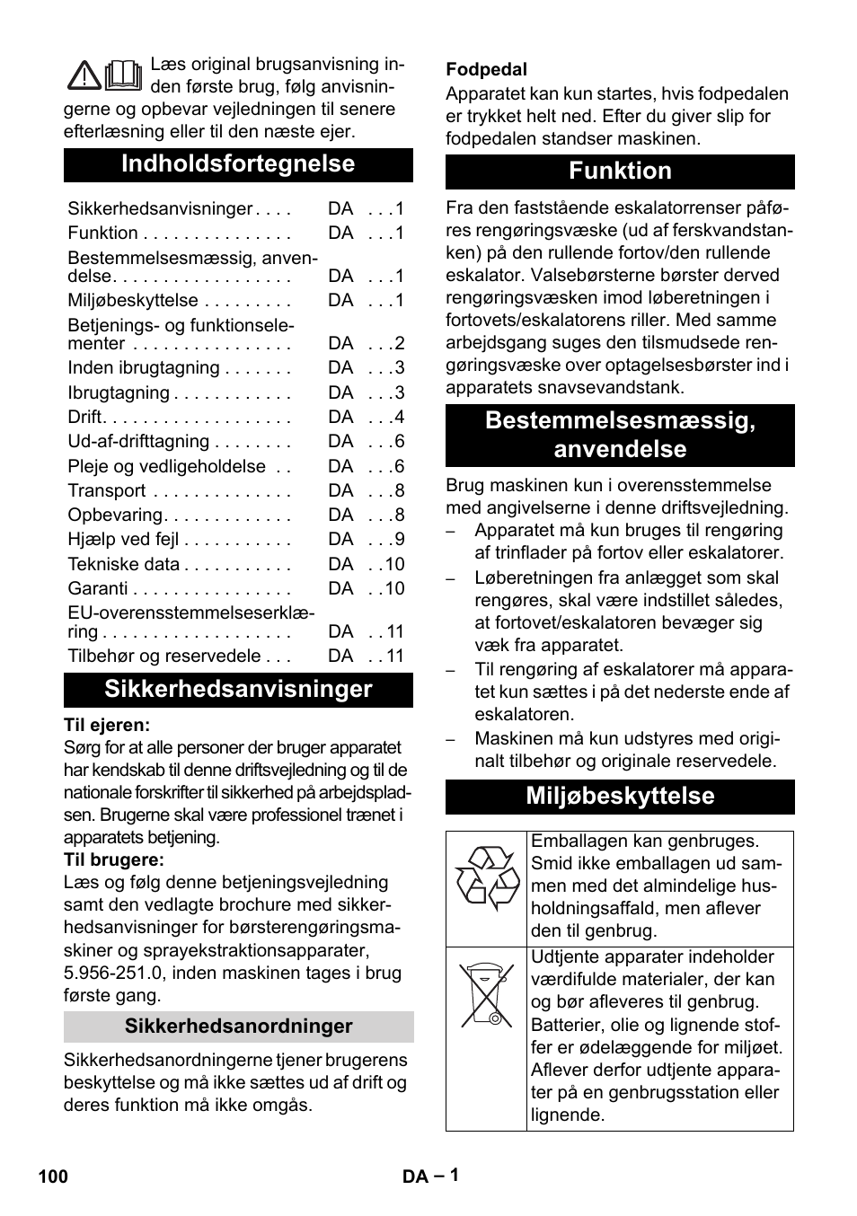 Dansk, Indholdsfortegnelse, Sikkerhedsanvisninger | Karcher BR 47-35 ESC EU User Manual | Page 100 / 276