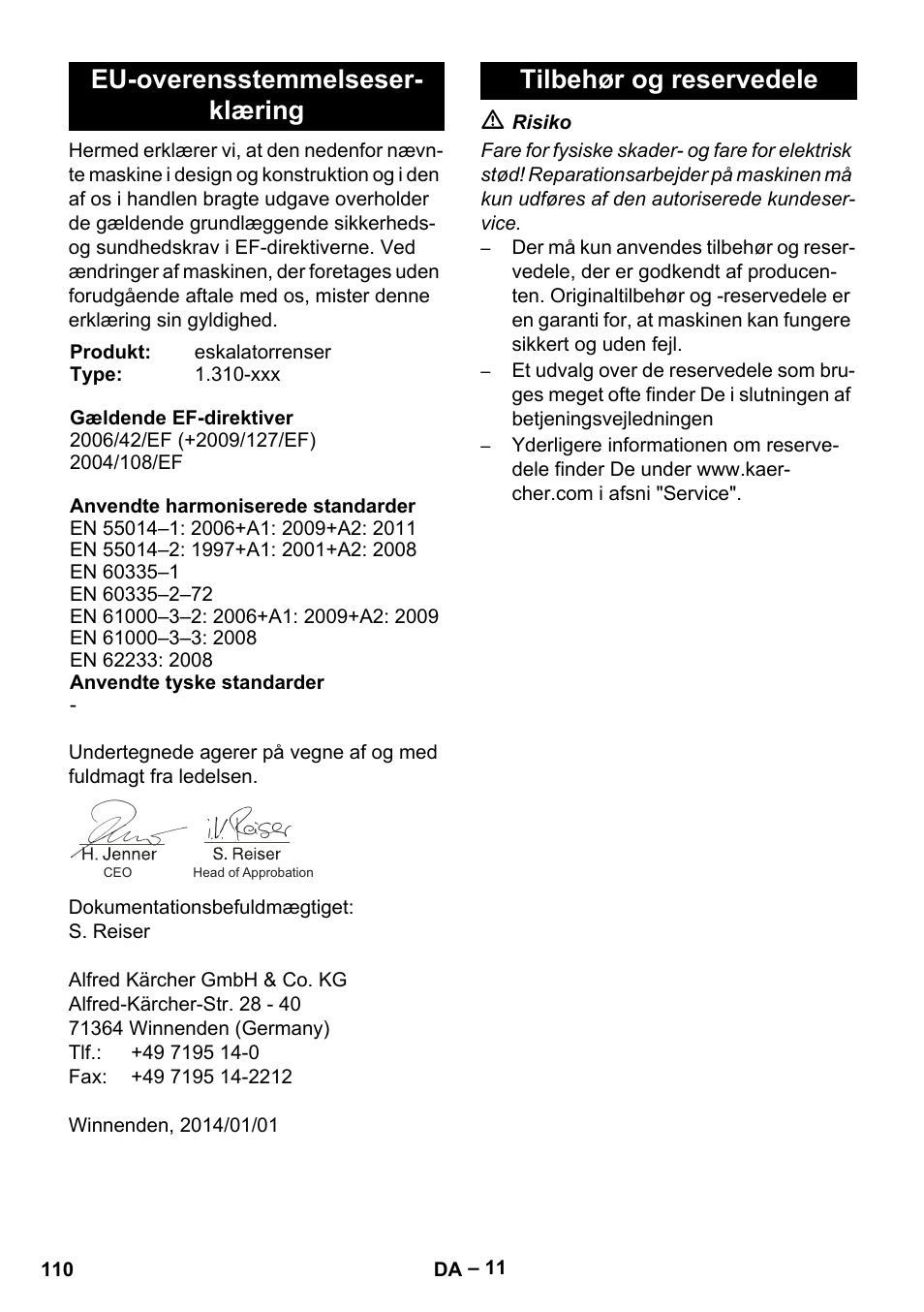 Eu-overensstemmelseser- klæring, Tilbehør og reservedele | Karcher BR 47-35 ESC EU User Manual | Page 110 / 276