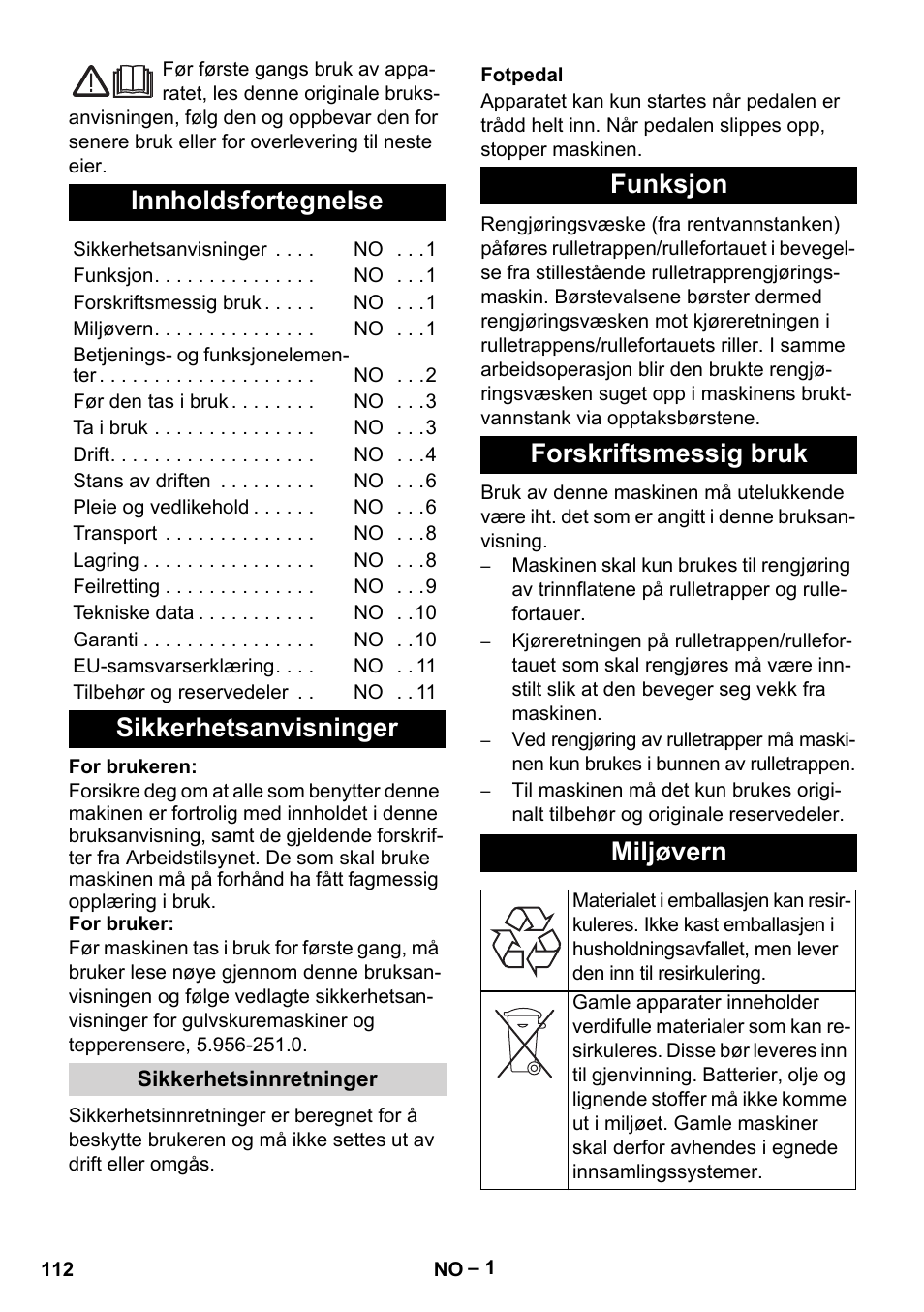 Norsk, Innholdsfortegnelse, Sikkerhetsanvisninger | Funksjon forskriftsmessig bruk miljøvern | Karcher BR 47-35 ESC EU User Manual | Page 112 / 276