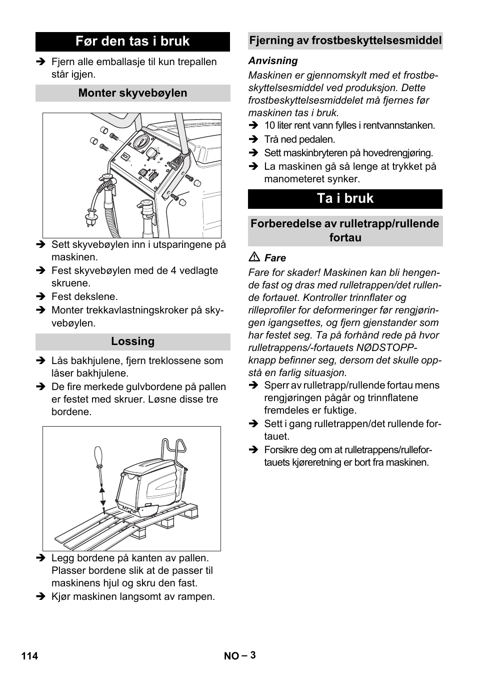 Før den tas i bruk, Ta i bruk | Karcher BR 47-35 ESC EU User Manual | Page 114 / 276