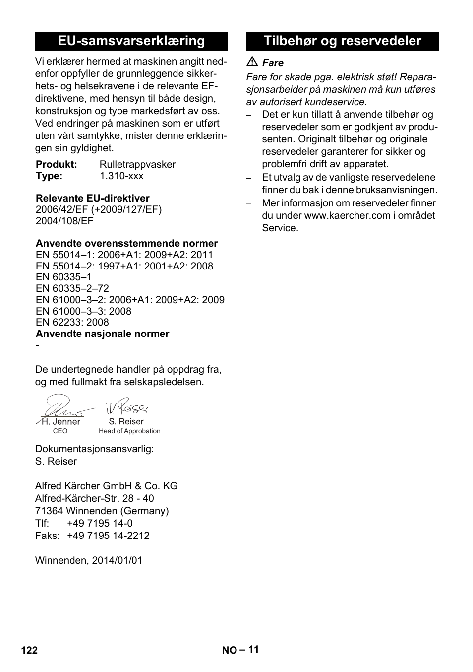 Eu-samsvarserklæring, Tilbehør og reservedeler | Karcher BR 47-35 ESC EU User Manual | Page 122 / 276
