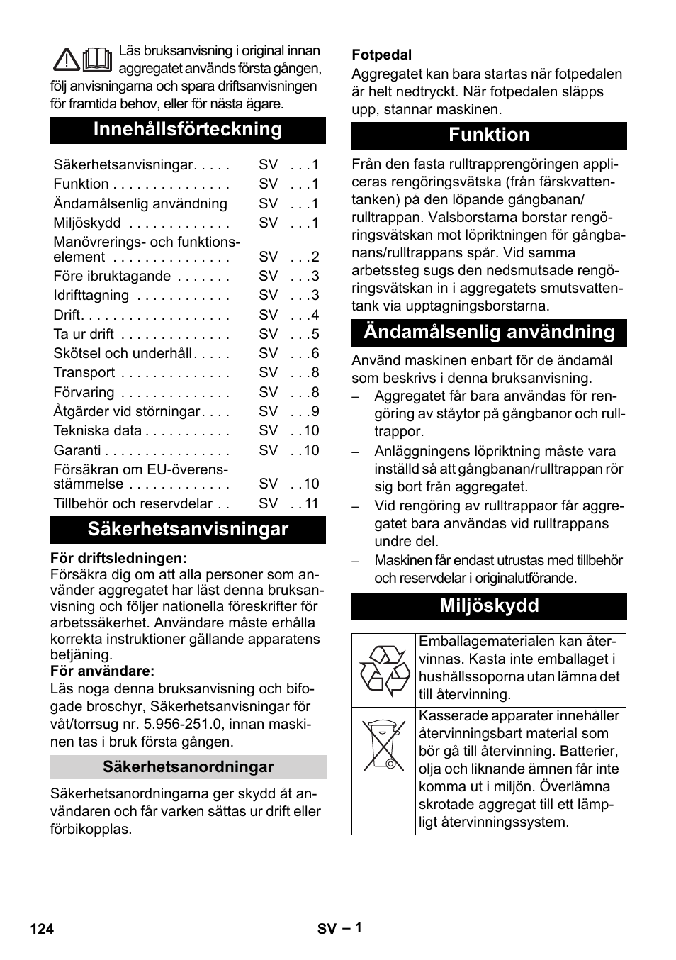 Svenska, Innehållsförteckning, Säkerhetsanvisningar | Funktion ändamålsenlig användning miljöskydd | Karcher BR 47-35 ESC EU User Manual | Page 124 / 276