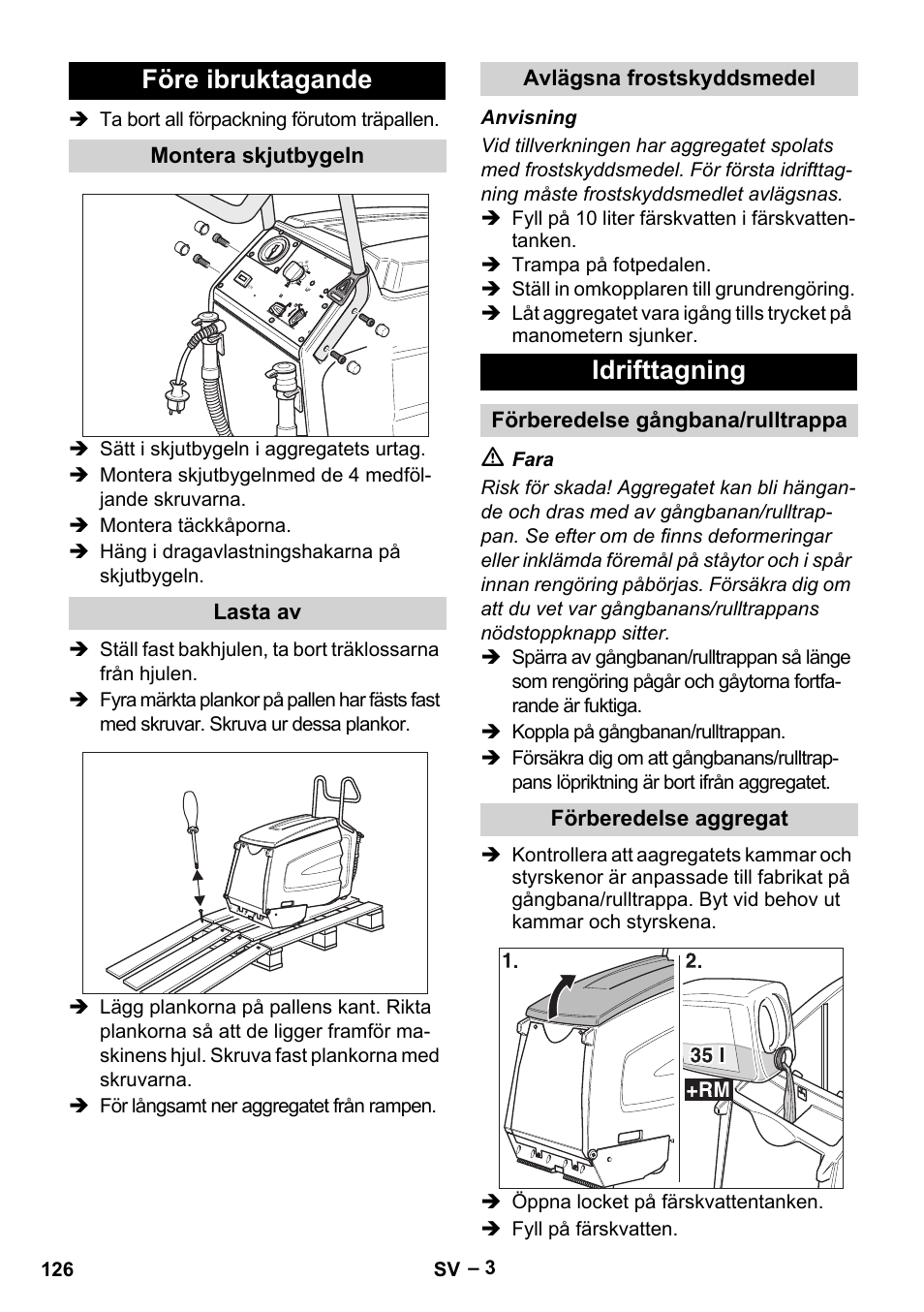 Före ibruktagande, Idrifttagning | Karcher BR 47-35 ESC EU User Manual | Page 126 / 276