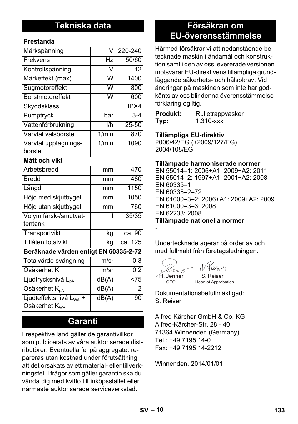 Tekniska data, Garanti försäkran om eu-överensstämmelse | Karcher BR 47-35 ESC EU User Manual | Page 133 / 276