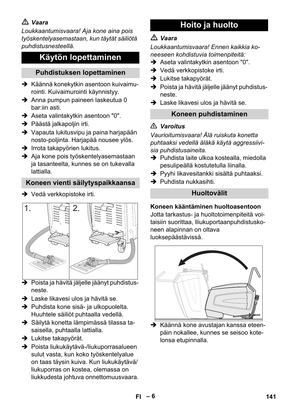 Käytön lopettaminen, Hoito ja huolto | Karcher BR 47-35 ESC EU User Manual | Page 141 / 276