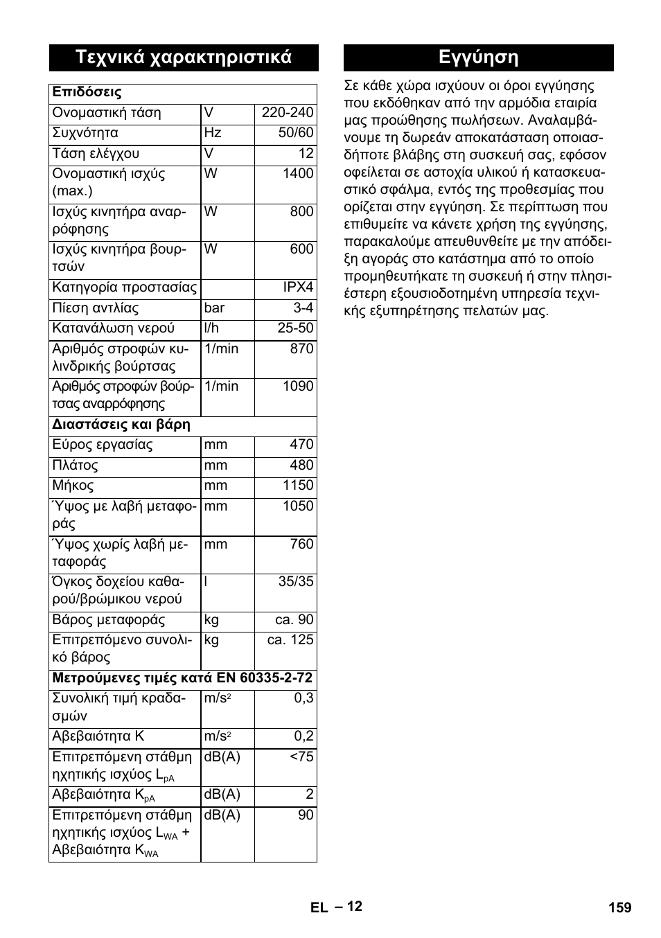 Τεχνικά χαρακτηριστικά, Εγγύηση | Karcher BR 47-35 ESC EU User Manual | Page 159 / 276