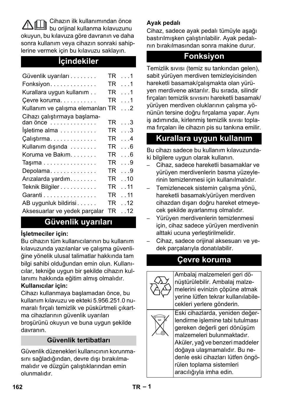 Türkçe, Içindekiler, Güvenlik uyarıları | Fonksiyon kurallara uygun kullanım çevre koruma | Karcher BR 47-35 ESC EU User Manual | Page 162 / 276