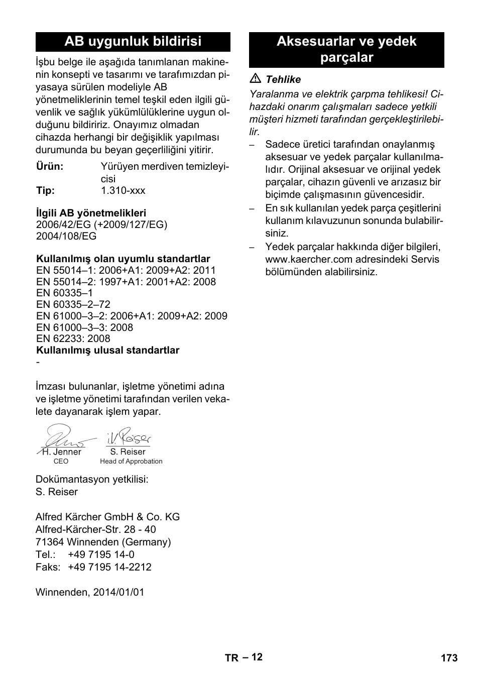 Ab uygunluk bildirisi, Aksesuarlar ve yedek parçalar | Karcher BR 47-35 ESC EU User Manual | Page 173 / 276