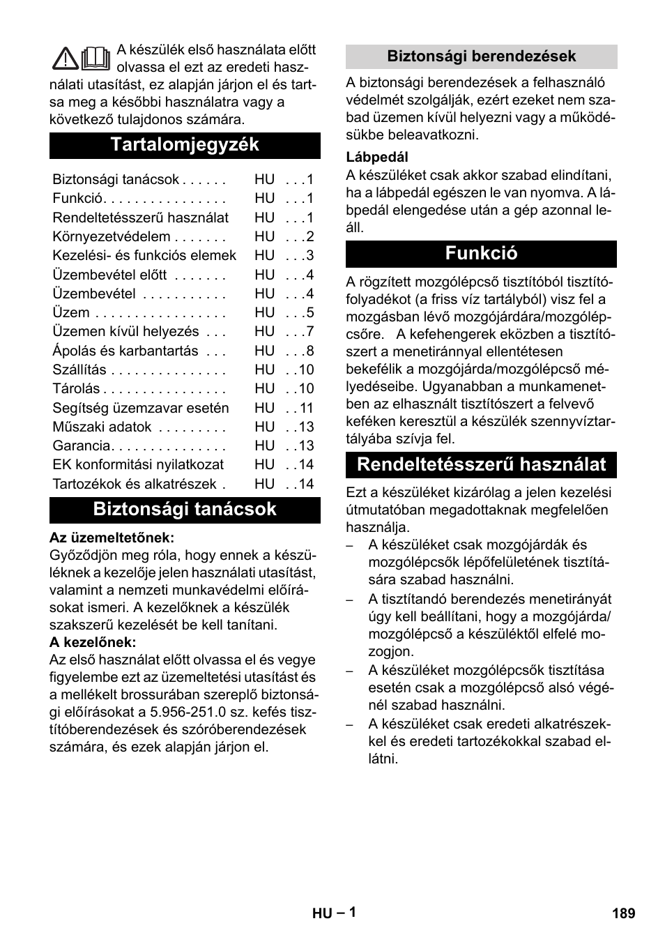 Magyar, Tartalomjegyzék, Biztonsági tanácsok | Funkció rendeltetésszerű használat | Karcher BR 47-35 ESC EU User Manual | Page 189 / 276