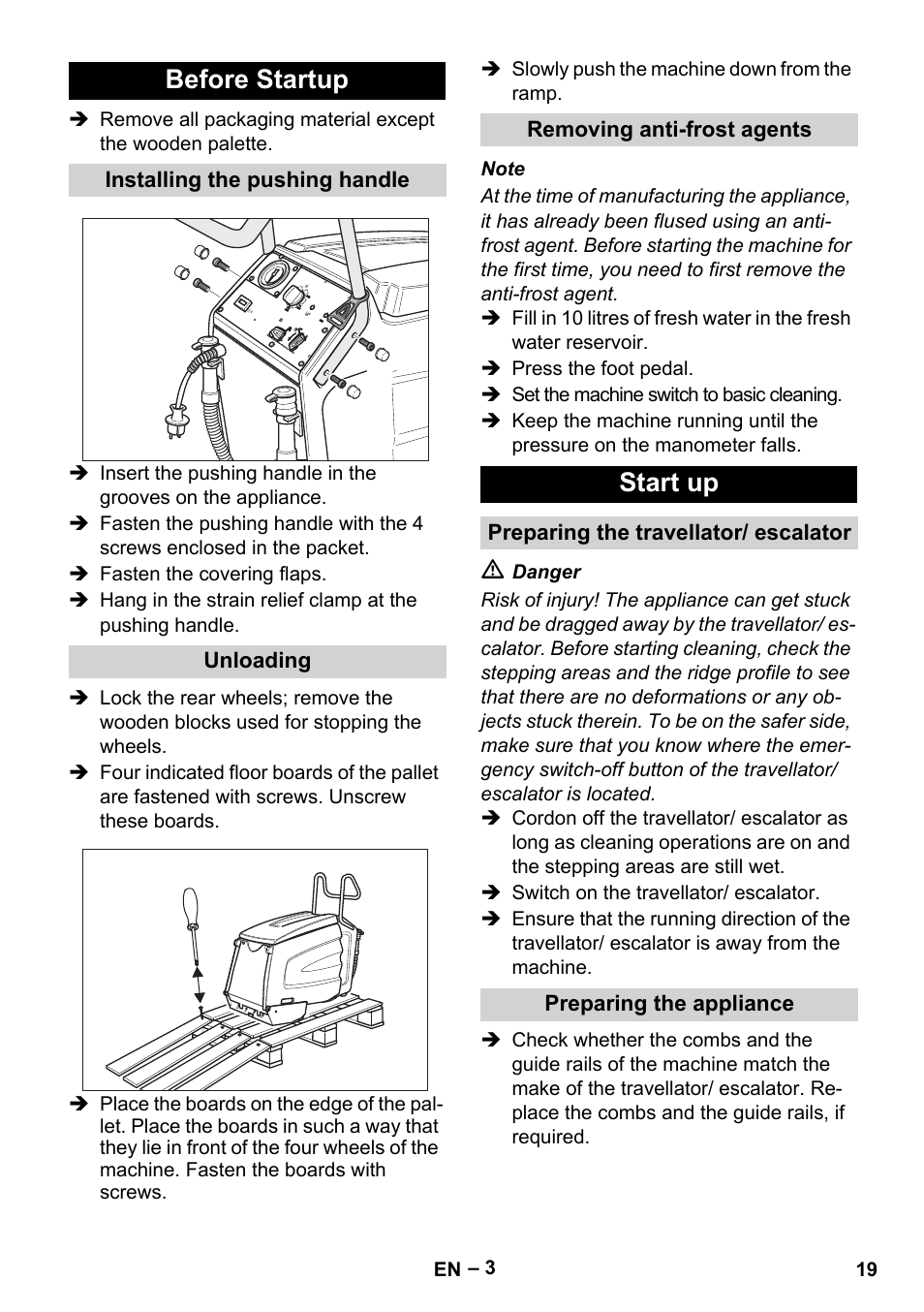 Before startup, Start up | Karcher BR 47-35 ESC EU User Manual | Page 19 / 276