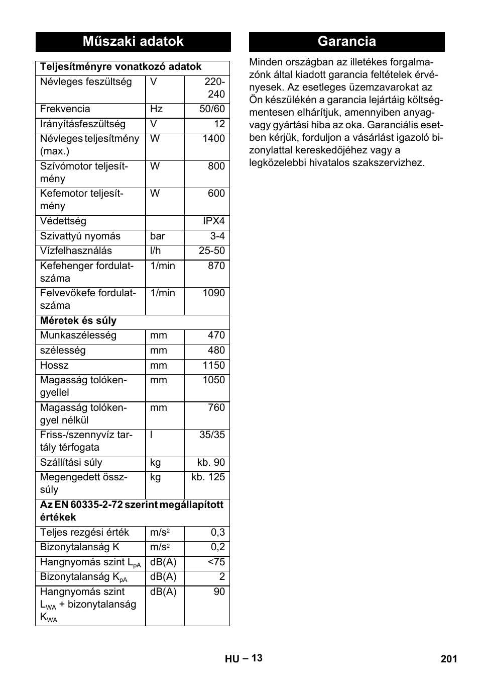 Műszaki adatok, Garancia | Karcher BR 47-35 ESC EU User Manual | Page 201 / 276