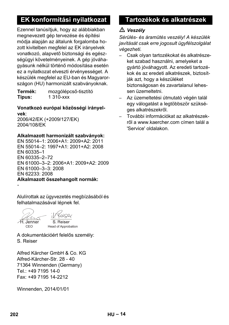 Ek konformitási nyilatkozat, Tartozékok és alkatrészek | Karcher BR 47-35 ESC EU User Manual | Page 202 / 276