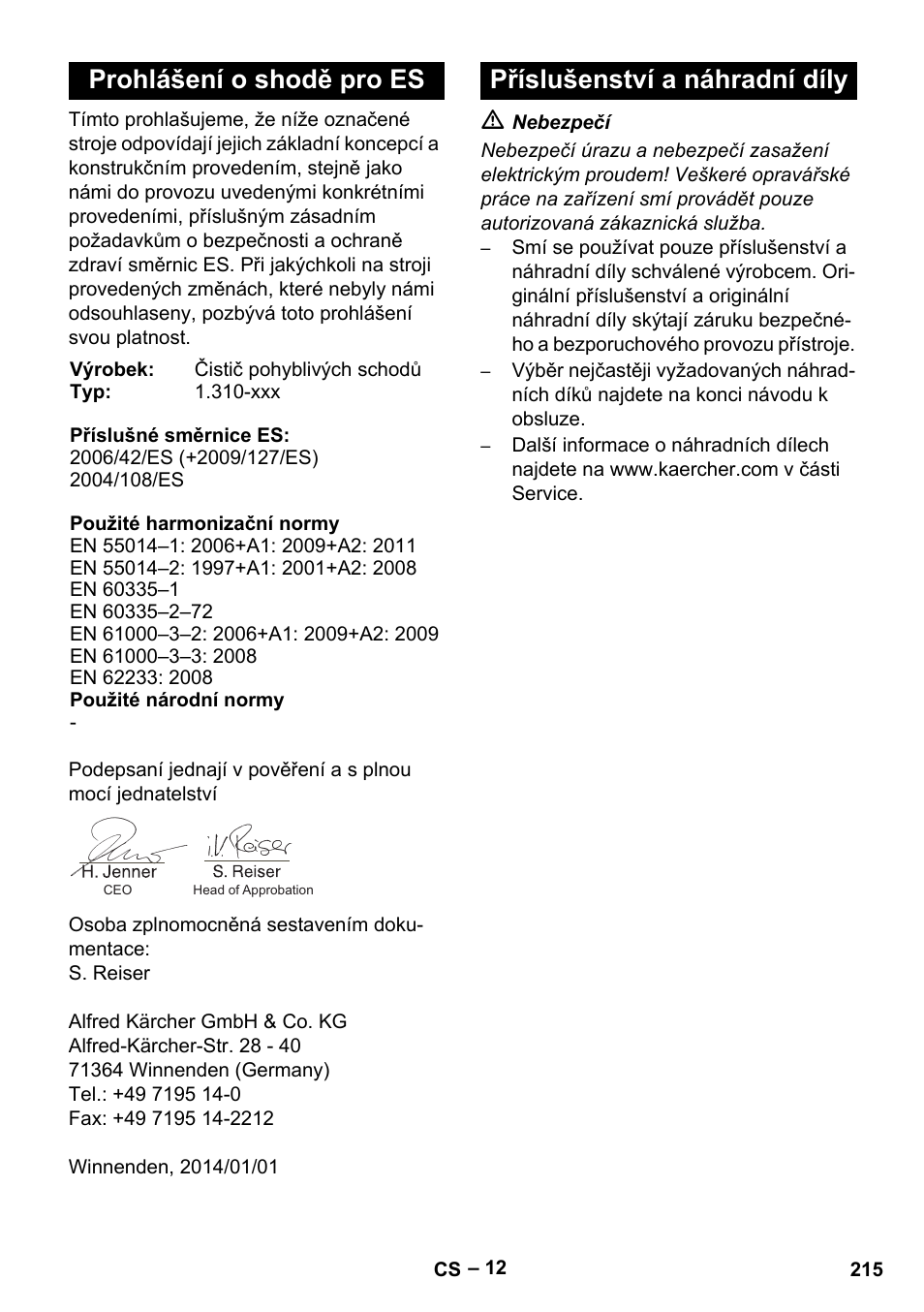 Prohlášení o shodě pro es, Příslušenství a náhradní díly | Karcher BR 47-35 ESC EU User Manual | Page 215 / 276