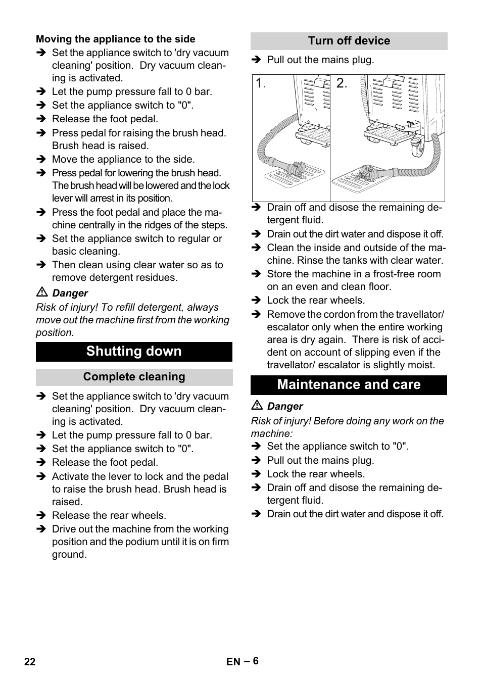 Shutting down, Maintenance and care | Karcher BR 47-35 ESC EU User Manual | Page 22 / 276