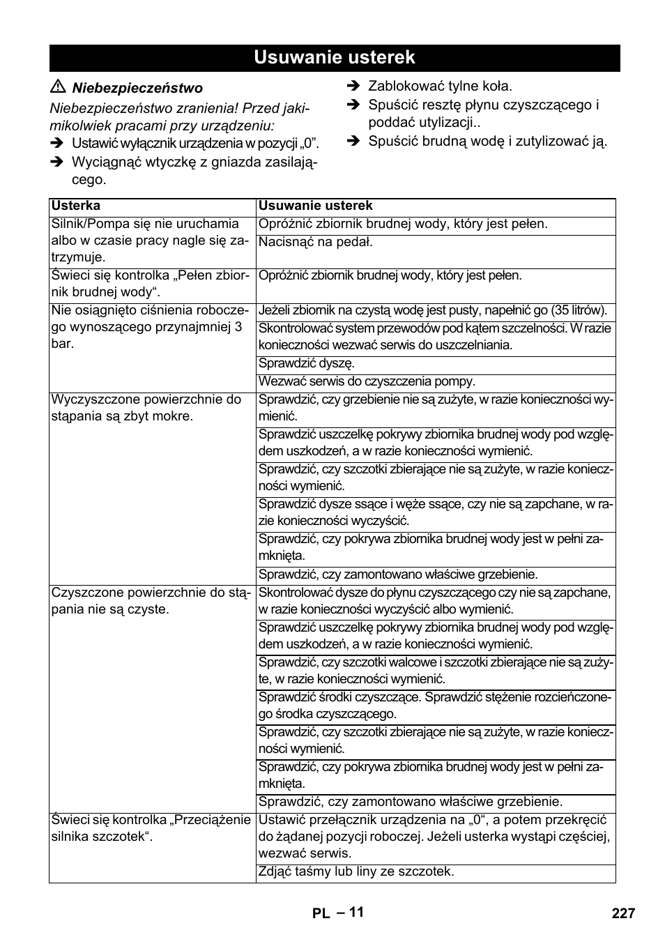 Usuwanie usterek | Karcher BR 47-35 ESC EU User Manual | Page 227 / 276