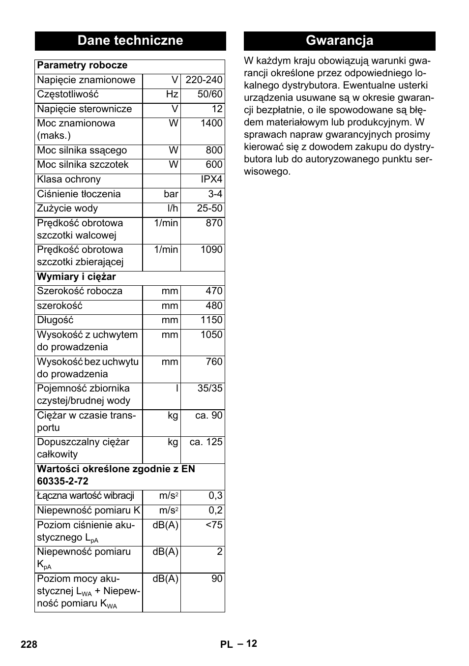 Dane techniczne, Gwarancja | Karcher BR 47-35 ESC EU User Manual | Page 228 / 276