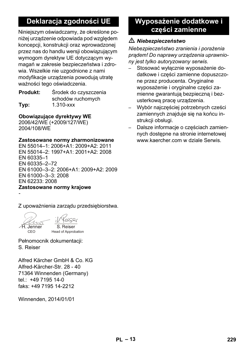 Deklaracja zgodności ue, Wyposażenie dodatkowe i części zamienne | Karcher BR 47-35 ESC EU User Manual | Page 229 / 276