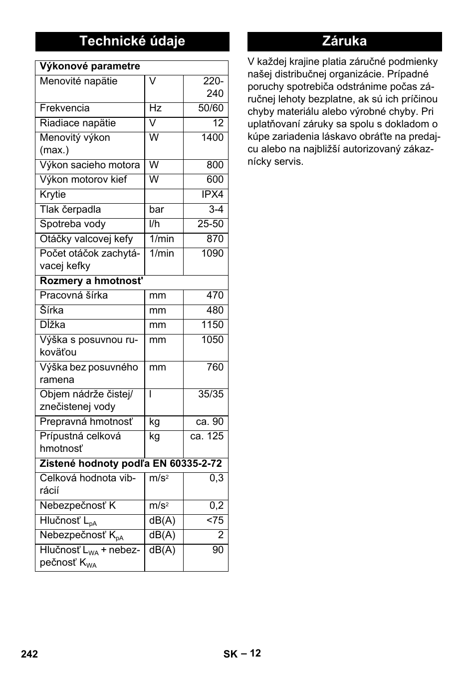 Technické údaje, Záruka | Karcher BR 47-35 ESC EU User Manual | Page 242 / 276