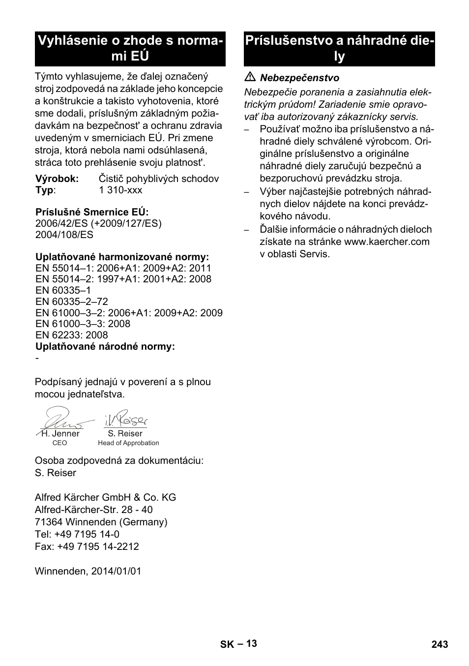 Vyhlásenie o zhode s norma- mi eú, Príslušenstvo a náhradné die- ly | Karcher BR 47-35 ESC EU User Manual | Page 243 / 276