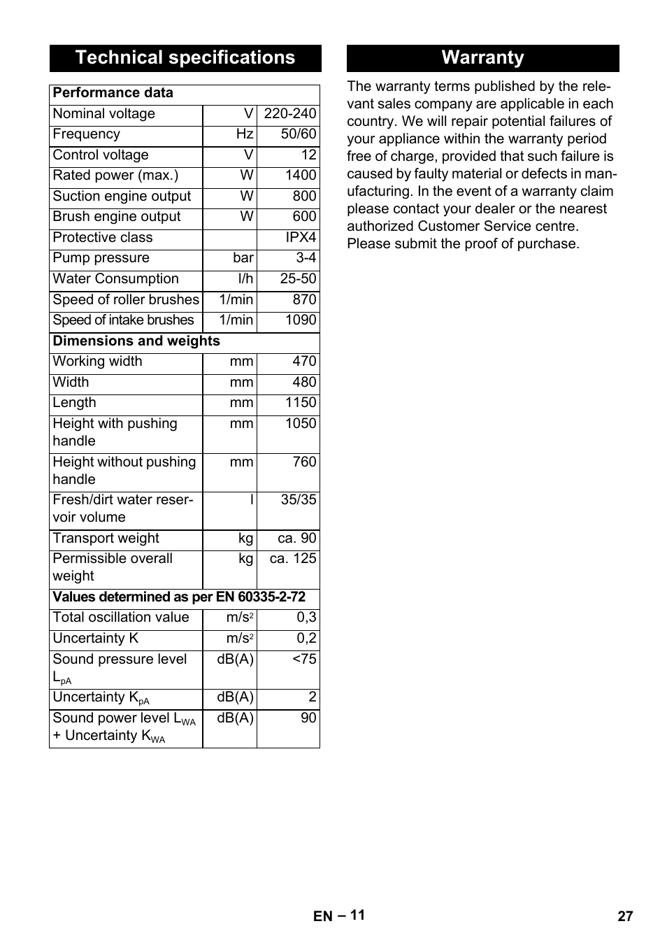 Technical specifications, Warranty | Karcher BR 47-35 ESC EU User Manual | Page 27 / 276