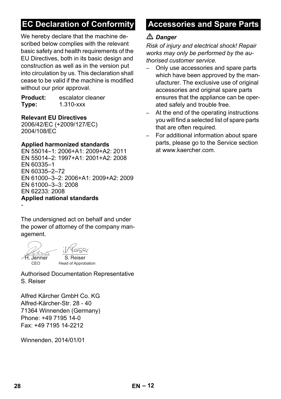 Ec declaration of conformity, Accessories and spare parts | Karcher BR 47-35 ESC EU User Manual | Page 28 / 276