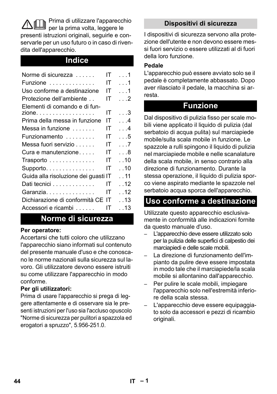 Italiano, Indice, Norme di sicurezza | Funzione uso conforme a destinazione | Karcher BR 47-35 ESC EU User Manual | Page 44 / 276