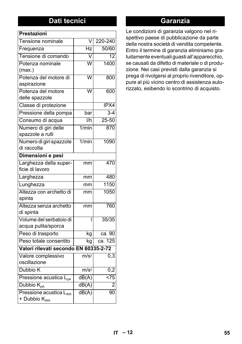 Dati tecnici, Garanzia | Karcher BR 47-35 ESC EU User Manual | Page 55 / 276