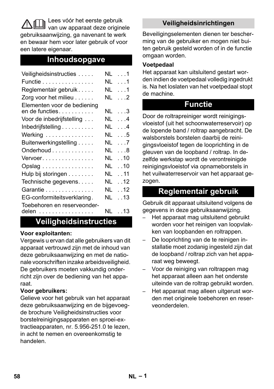 Nederlands, Inhoudsopgave, Veiligheidsinstructies | Functie reglementair gebruik | Karcher BR 47-35 ESC EU User Manual | Page 58 / 276