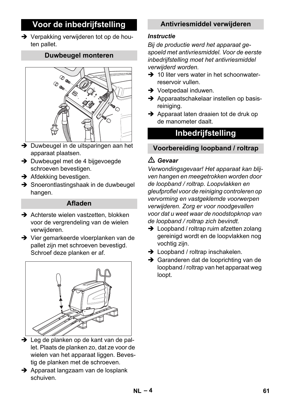 Voor de inbedrijfstelling, Inbedrijfstelling | Karcher BR 47-35 ESC EU User Manual | Page 61 / 276