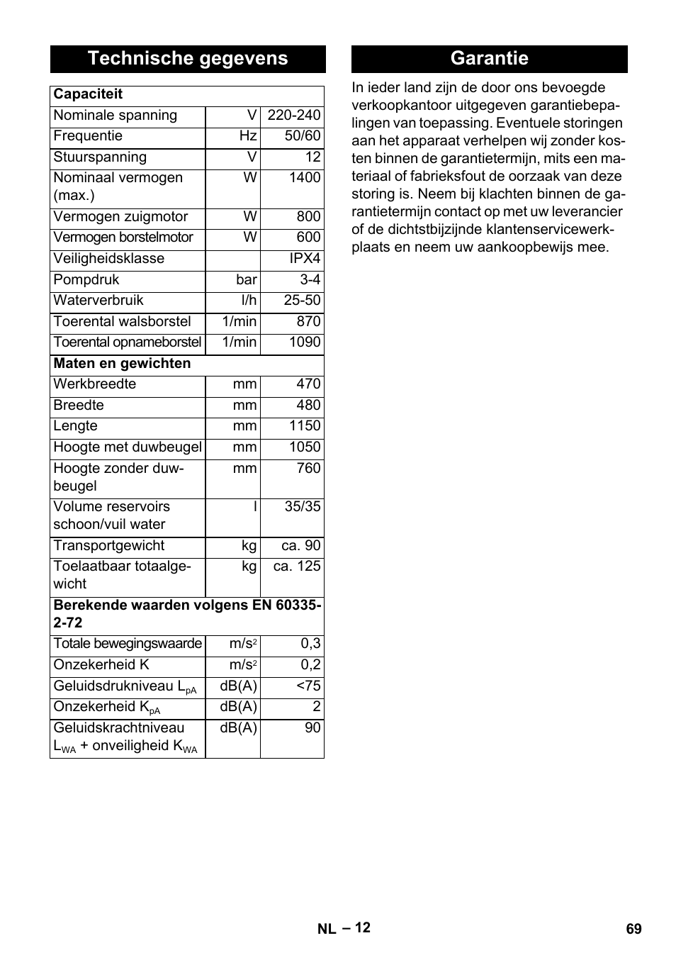 Technische gegevens, Garantie | Karcher BR 47-35 ESC EU User Manual | Page 69 / 276