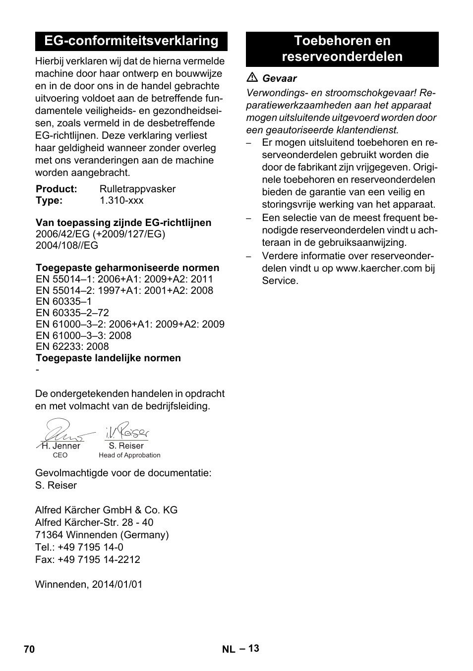 Eg-conformiteitsverklaring, Toebehoren en reserveonderdelen | Karcher BR 47-35 ESC EU User Manual | Page 70 / 276