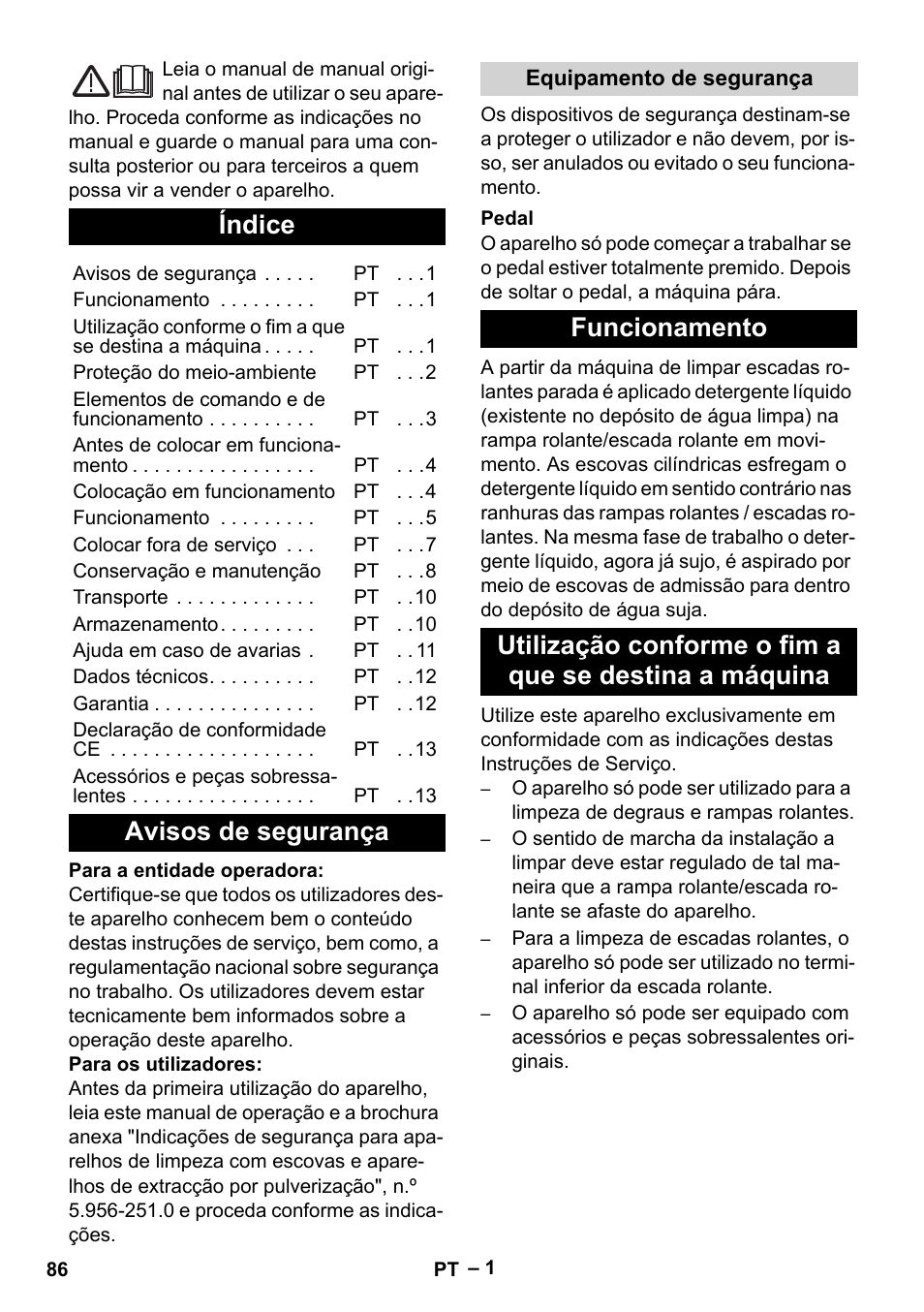 Português, Índice, Avisos de segurança | Karcher BR 47-35 ESC EU User Manual | Page 86 / 276