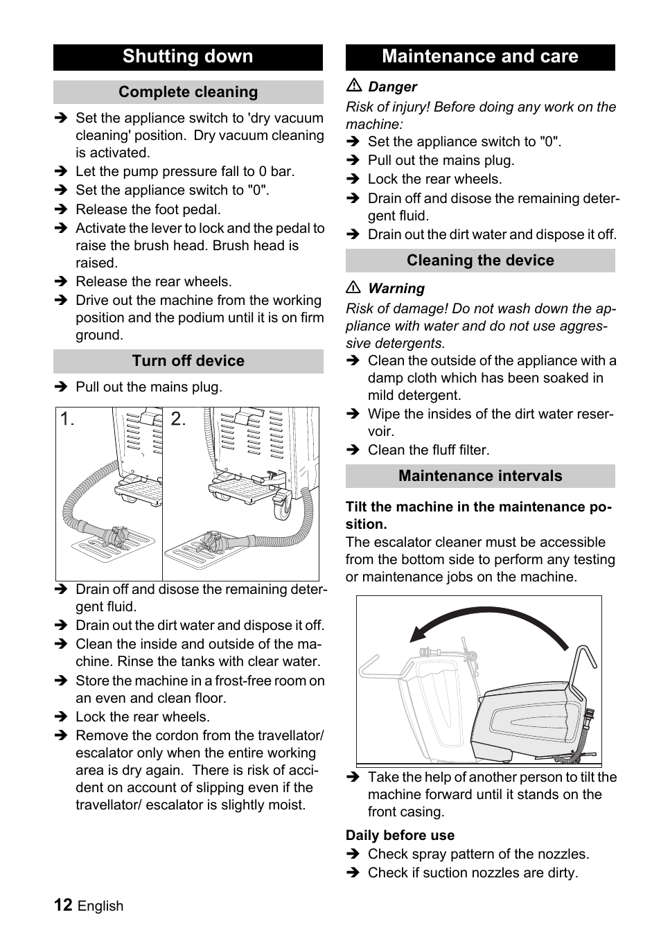 Shutting down, Maintenance and care | Karcher BR 47-35 ESC EU User Manual | Page 12 / 56