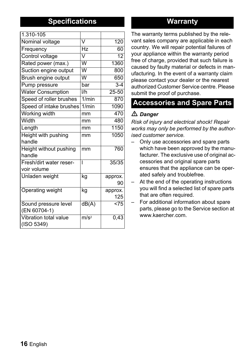 Specifications, Warranty accessories and spare parts | Karcher BR 47-35 ESC EU User Manual | Page 16 / 56