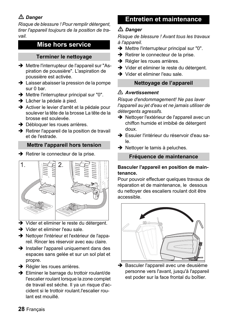 Mise hors service, Entretien et maintenance | Karcher BR 47-35 ESC EU User Manual | Page 28 / 56