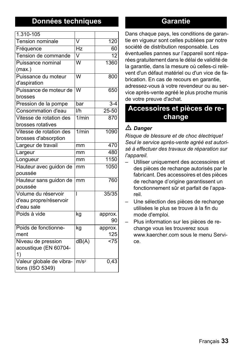 Données techniques, Garantie accessoires et pièces de re- change | Karcher BR 47-35 ESC EU User Manual | Page 33 / 56