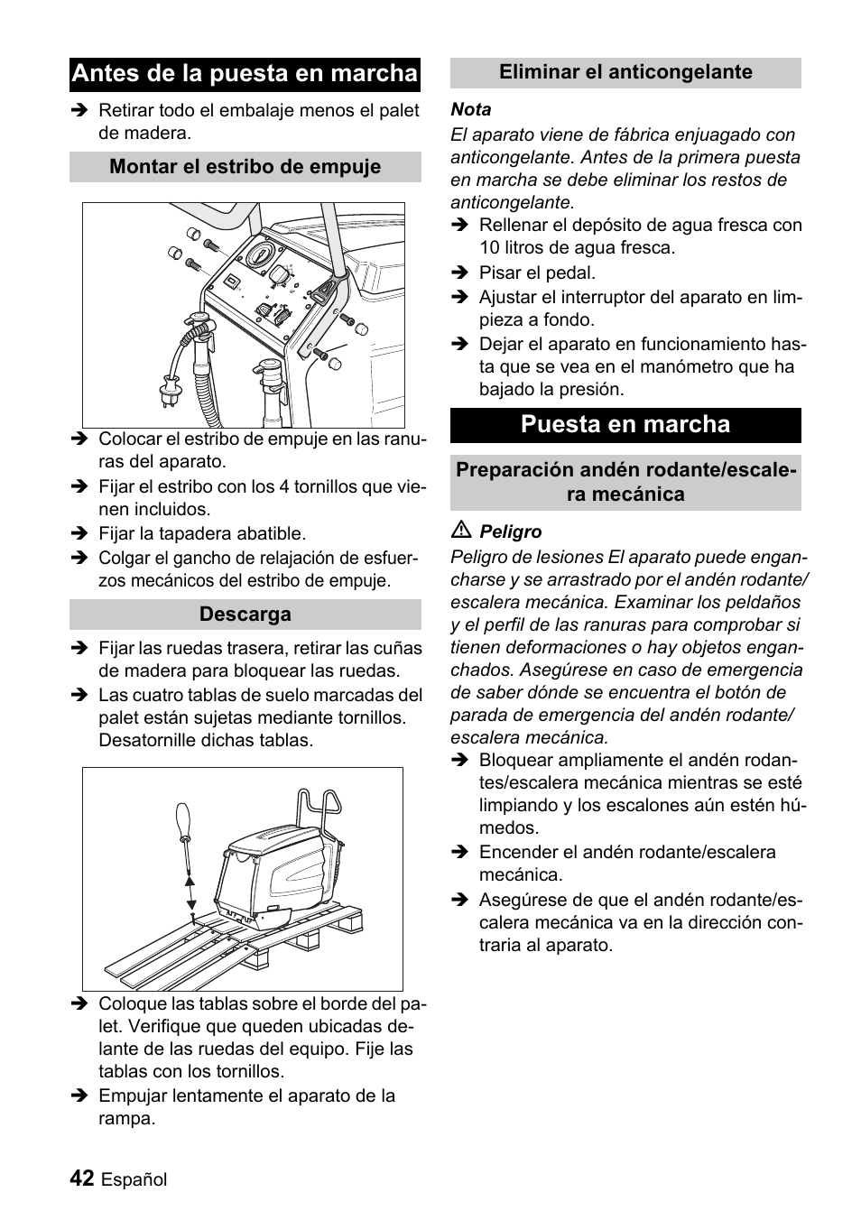 Antes de la puesta en marcha, Puesta en marcha | Karcher BR 47-35 ESC EU User Manual | Page 42 / 56