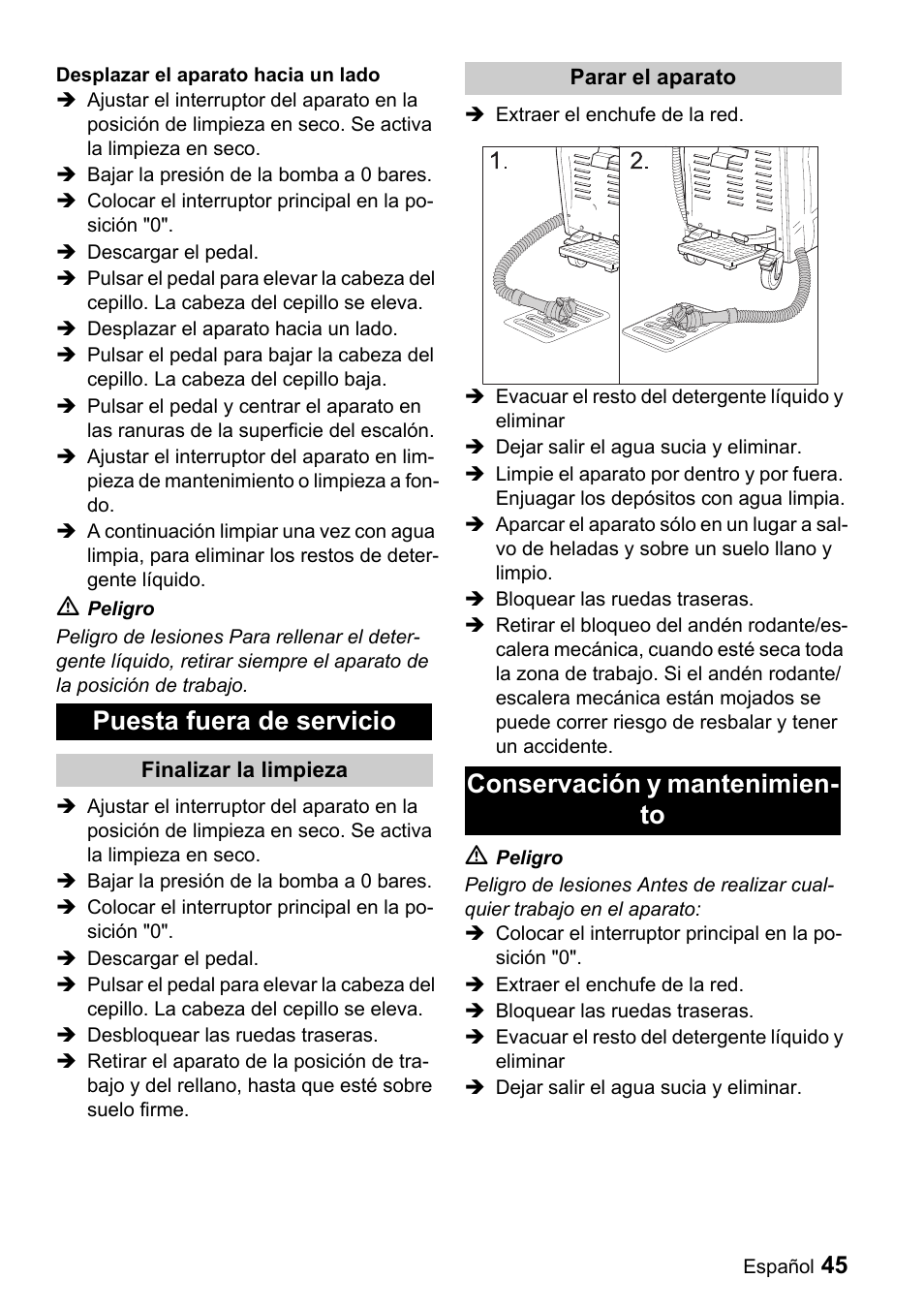 Puesta fuera de servicio, Conservación y mantenimien- to | Karcher BR 47-35 ESC EU User Manual | Page 45 / 56