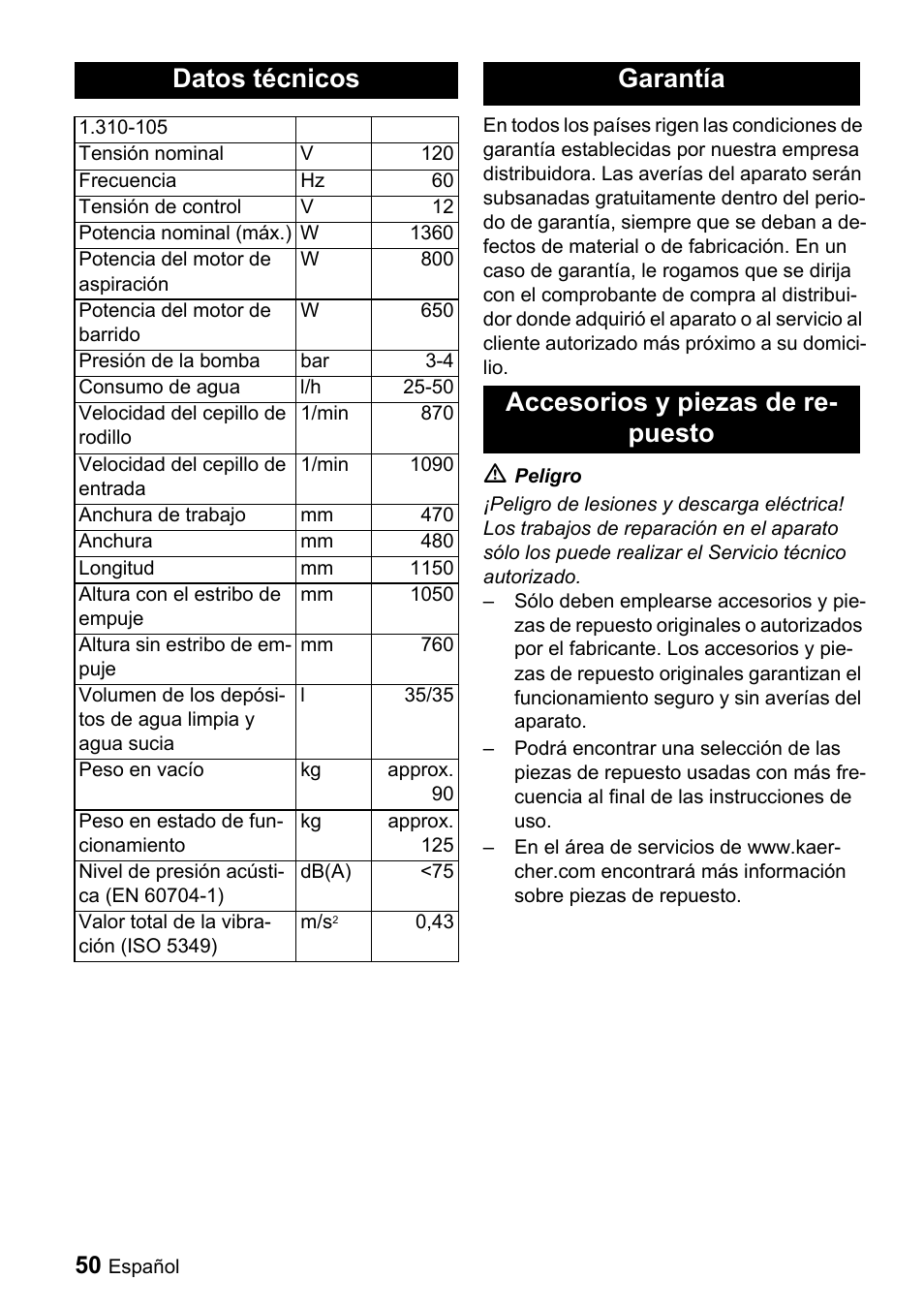 Datos técnicos, Garantía accesorios y piezas de re- puesto | Karcher BR 47-35 ESC EU User Manual | Page 50 / 56