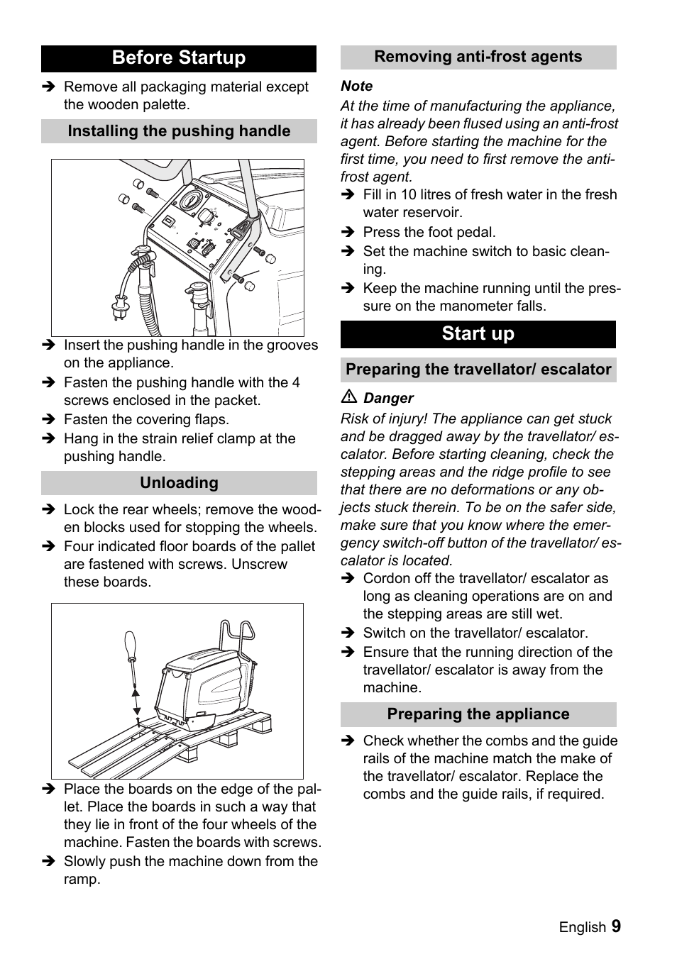 Before startup, Start up | Karcher BR 47-35 ESC EU User Manual | Page 9 / 56